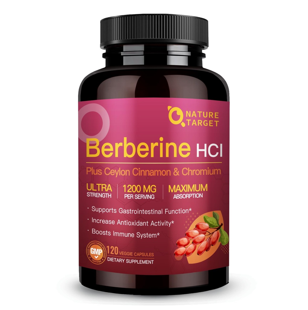 DOCELOWE NATURA HCl berberyjski 1200mg, suplement berberyjski z ceylońskim cynamonem, chromem - wspomaga odporność, zdrowie przewodu pokarmowego i serca, nieGMO, 120 kapsułek