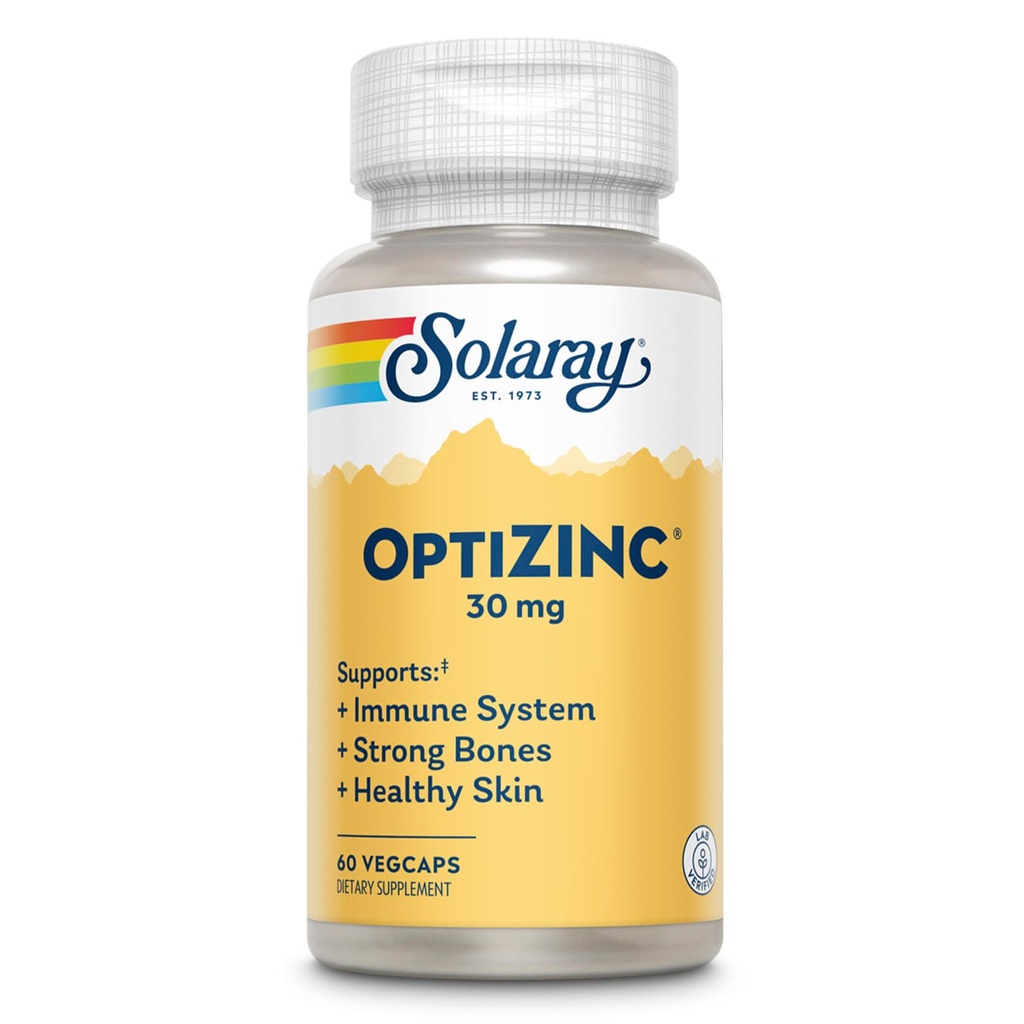 SOLARAY OptiZinc 30mg suplement wsparcia immunologicznego - suplementy cynku dla mężczyzn i kobiet w / witamina B6 - Silne kości i wsparcia zdrowia skóry - Wysoka absorpcja - 60- Day Guarantee, 60 Służenie, 60 WegCaps