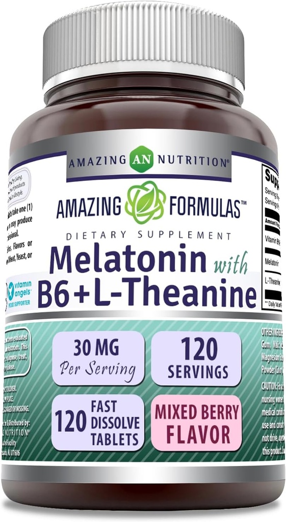 Amazing Melatonin Melatonin z witaminą B6 + L- Theanine Supplement Equipment 124; 30 Mg Per Serving Equipment 124; Mieszany Flavor Berry 124; 120 Tablets Equipment 124; Non-GMO Equipment 124; Gluten Free Equipment 124; Made in USA