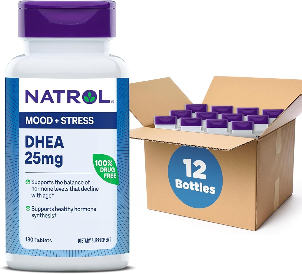 Natrol Mood & Stress DHEA 25mg z wapniem, Suplement diety dla równowagi niektórych poziomów hormonów i wsparcia nastrojów, 180 tabletek, 180 Day Supply (Opakowanie 12)