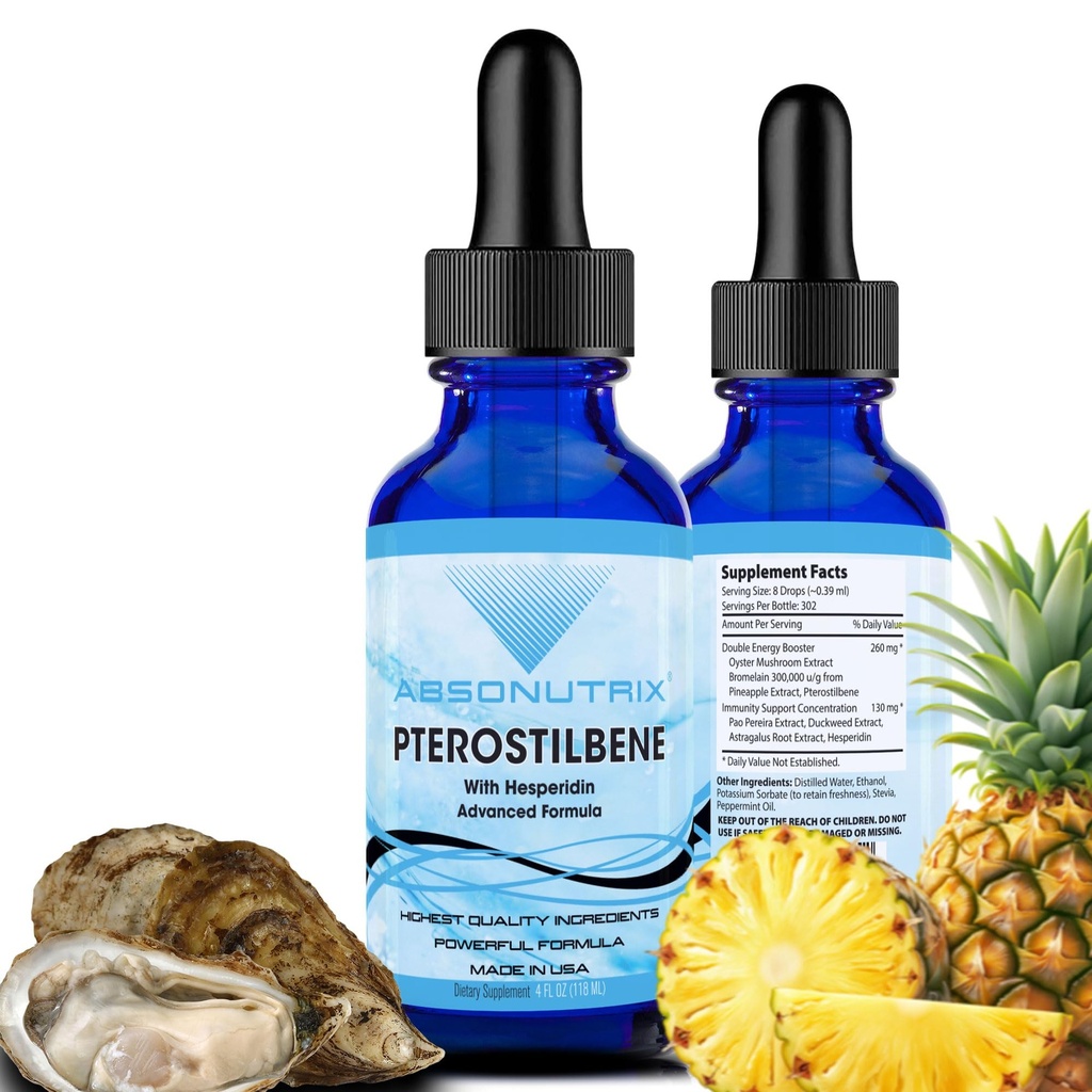 Absonutrix Pterostilbene z Hesperidin 390 mg, 4 Oz Liquid, 300 Servings, Made in USA, Szybka absorpcja, Jakość składników mocnych, Non-GMO, GMP Certified Facility, Cruelty- Free Produkty