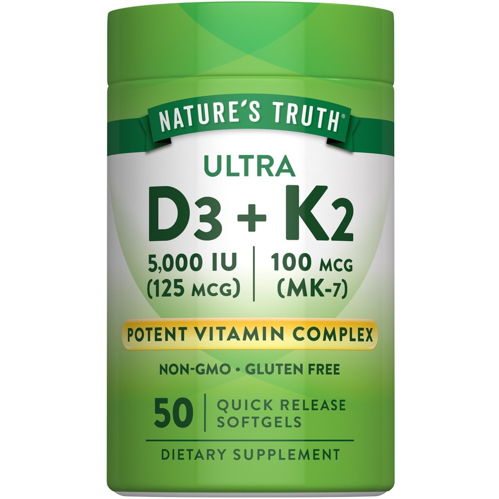 Nature 's Truth Witamina K2 MK7 Kompleks Bilans 124; 100 µg 124; 50 Softgels Bilans 124; z D3 Bilans 124; Non-GMO & Gluten