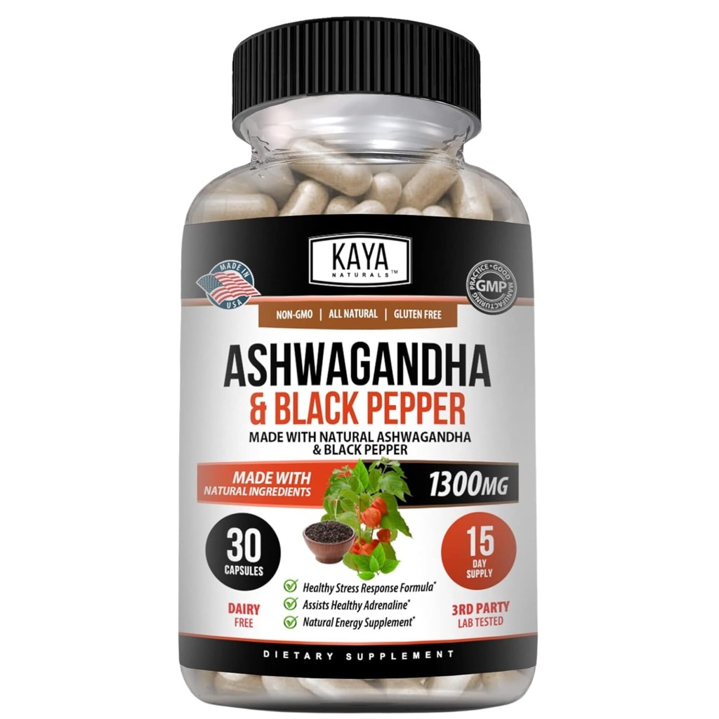 Kaya Naturals Ashwagandha Root z Black Pepper 124; Maksymalna moc 1300mg Suplement Adaptogen, Wsparcie nadnercza, Glandular Health, Relief nastrojów, Focus, Energia i Witalność dla mężczyzn i kobiet
