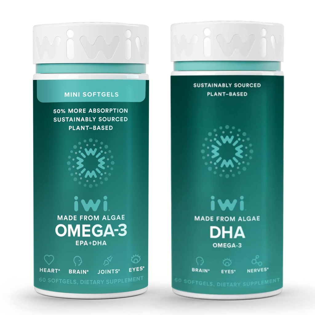Iwi Omega-3 Minis & DHA Omega-3 Bundle, 30 Służenie, Vegan Plant- oparte Algae Omega 3, Kryll & Fish Oil Alternative, No Fishy Aftersmast