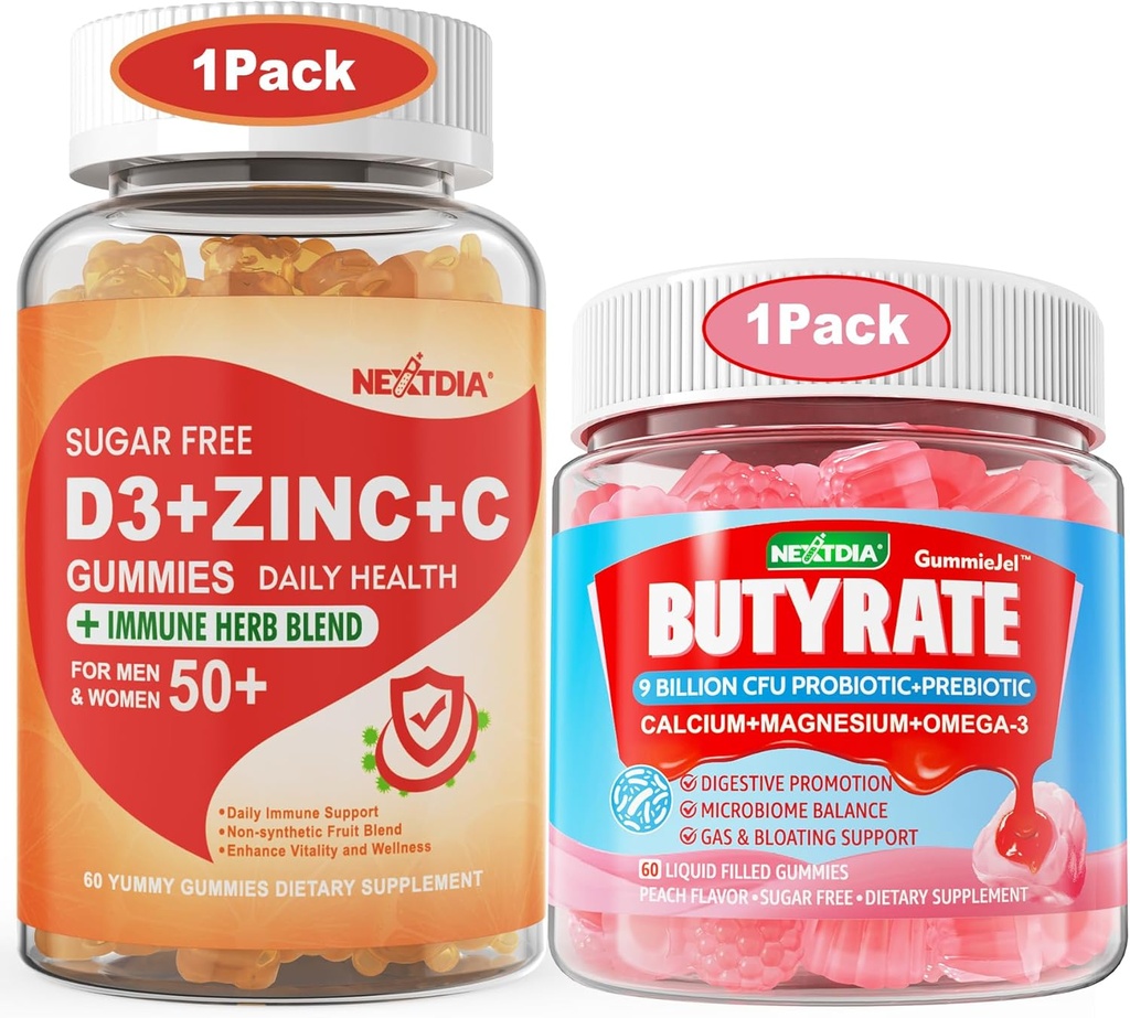 Bezcukrowa witamina C + D3 + Gumiaki cynku dla dorosłych 50 + Gumiaki butyratowe z Probiotykiem + Prebiotykiem + Postbiotykiem