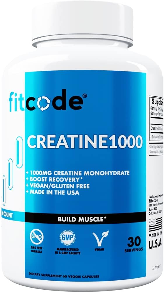fitcode Creatyne1000, 1 Gram monohydratu czystego stworzenia w każdej porcji, kapsułki wegetariańskie (30 Sług)
