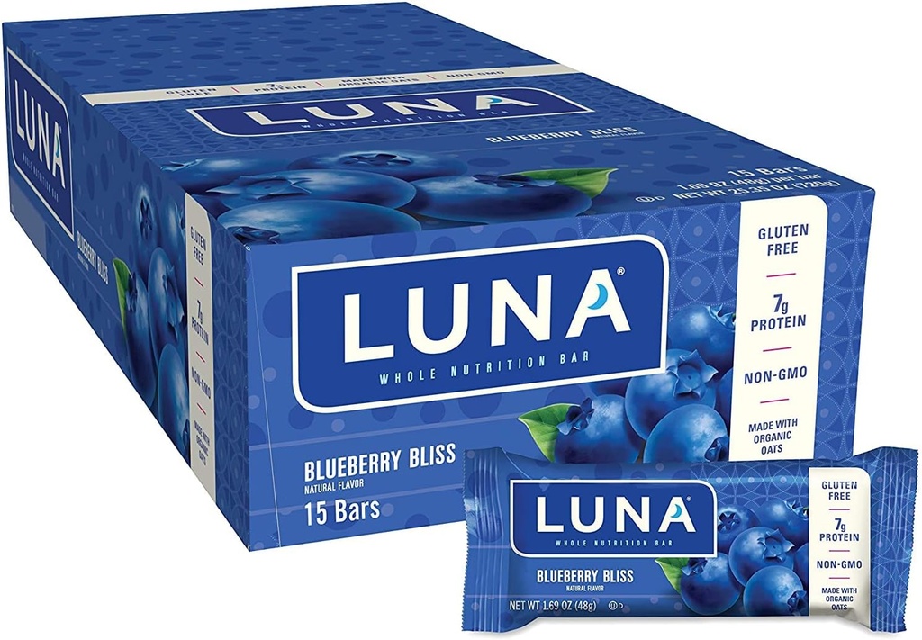 LUNA BAR - Gluten Free Snack Bars - Blueberry Bliss Flavor - 7g białka - Non-GMO - Plant- Oparte na zdrowe przekąski - On the Go Snacks (1.69 Ounce Snack Bars, 15 Count)