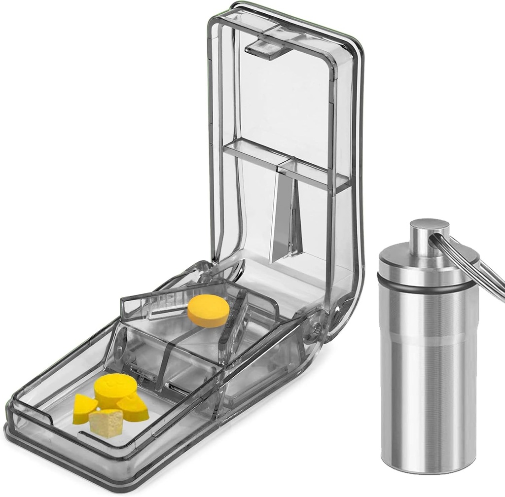 JohnBee Pill Cutter 124; Best Pill Cutter for Small or Large Pills X124; Designed in The USA Xim124; Cuts Vitamins Xim124; Pill Splitter with Shield Xim124; Includes Keychain Pill Holder (Gray)