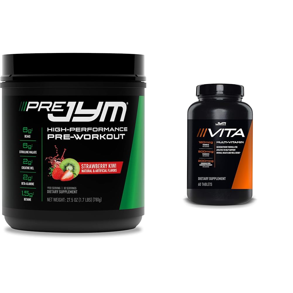 JYM Supplement Science PRE JYM 30 Służenia - Truskawka Kiwi & tamin & Wsparcie mineralne, Witamina A, C, B6, B12, E, K, Boron, Biotin, Potas 60 Tabletki