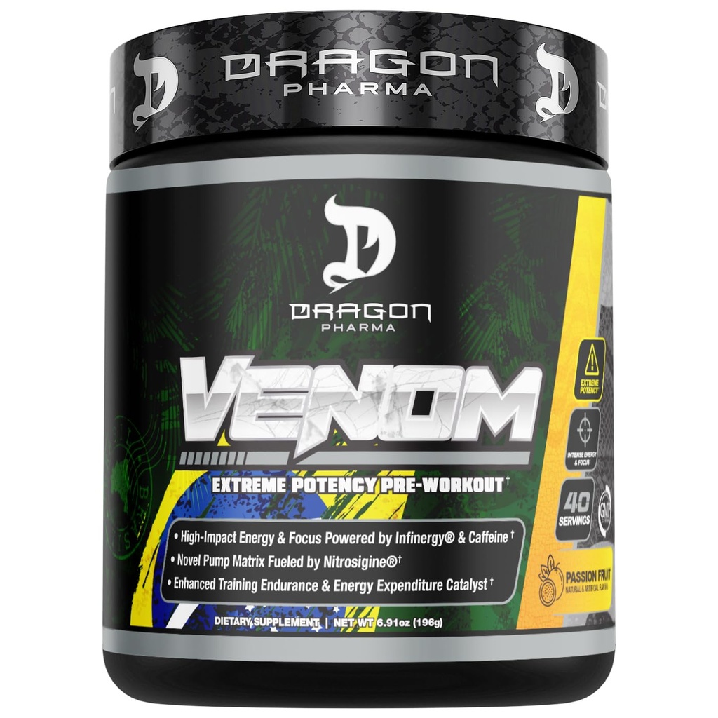 DRAGON PHARMA Venom Extreme Potency Pre- Workout, Laser Sharp Focus + Energia, Intensywna wydajność, Proven Składniki dla ulepszonego Vasodilation & Endurance (40 Służenie, Owoce Pasji)