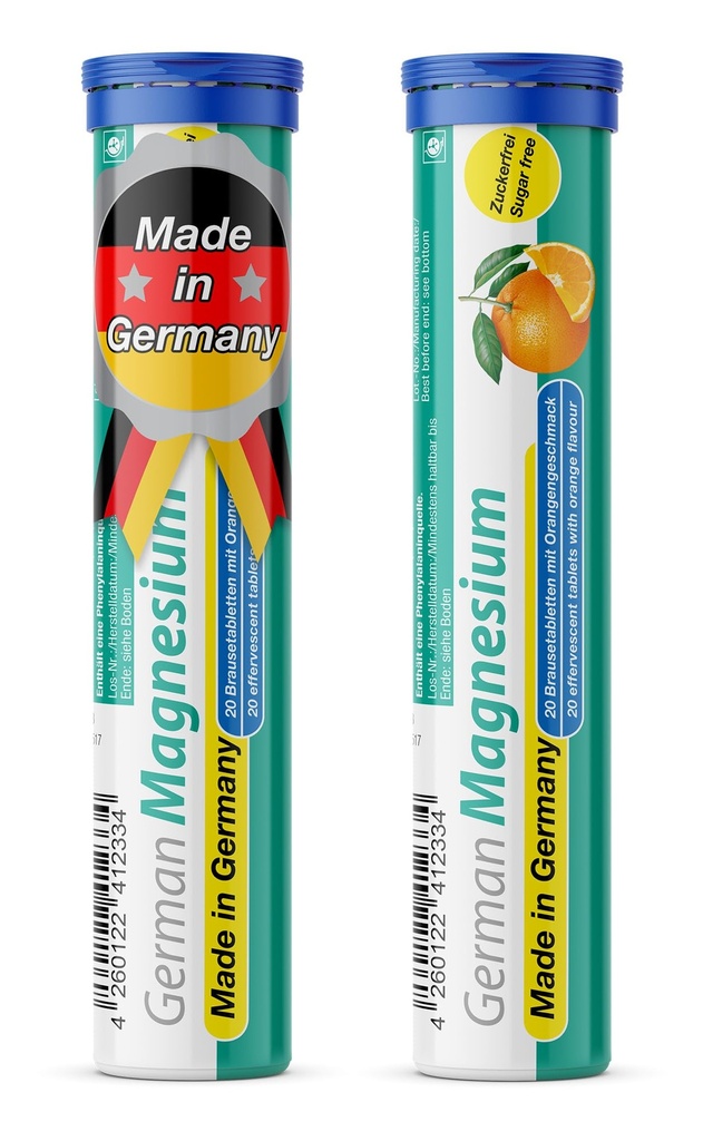 Niemiecki suplement tlenku magnezu Effervescent Tablets Effervescent 124; Flavor pomarańczowy - 200 mg magnezu na serwowanie 124; Sugar Free, Vegan - T & D Pharma - Made in Germany