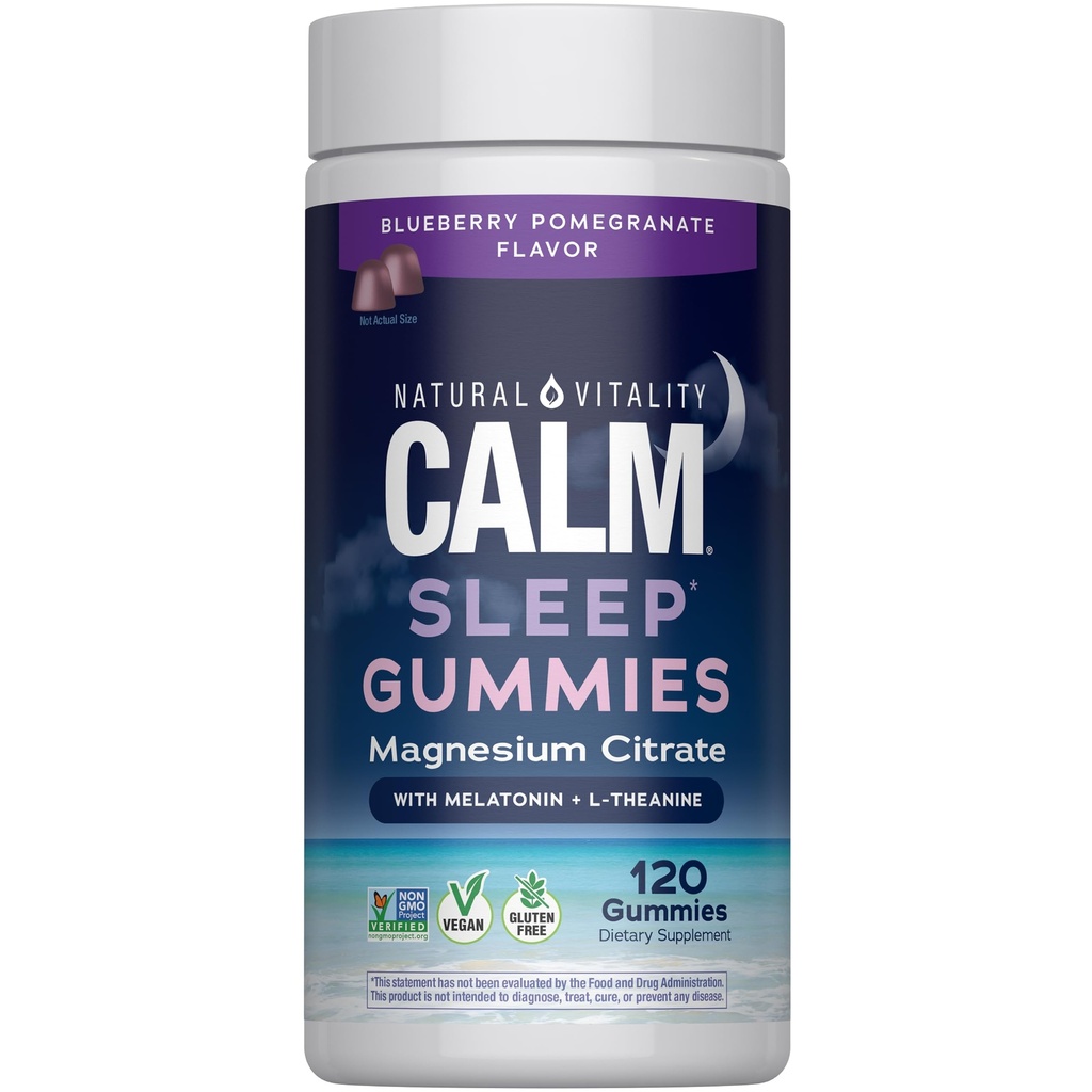 Natural Vitality SLEEP Gummies, suplement magnezu z melatoniny i L- Theanine, Wegan, Gluten Free, pomaga ciała Ease do snu, Pomegranat Blueberry 120 Count