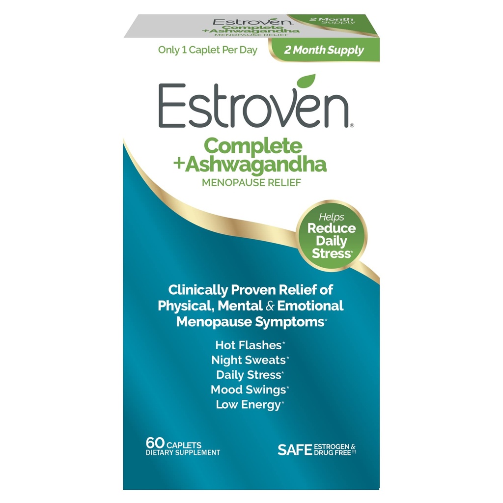 Estroven Complete + Ashwagandha Multi- Symptom Menopauza Suplement dla Kobiet - 60 Ct. - Clinically Proven Ingredients Prove Menopauza Relief & Night Sweats + Hot Flash Relief * - Drug- Free & Non-GMO