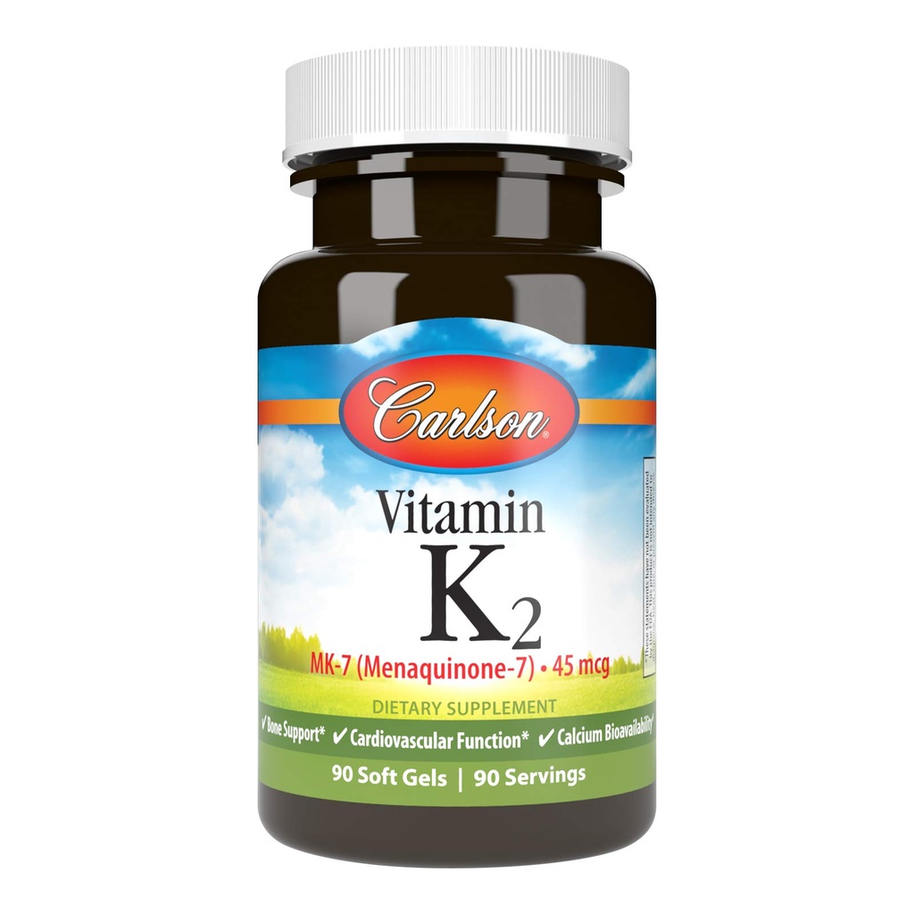 Carlson - Witamina K2 MK- 7 (Menaquinone), 45 µg, Podtrzymanie kości, Biodostępność wapnia, Witamina K2, Witamina K-2, 90 Softgels