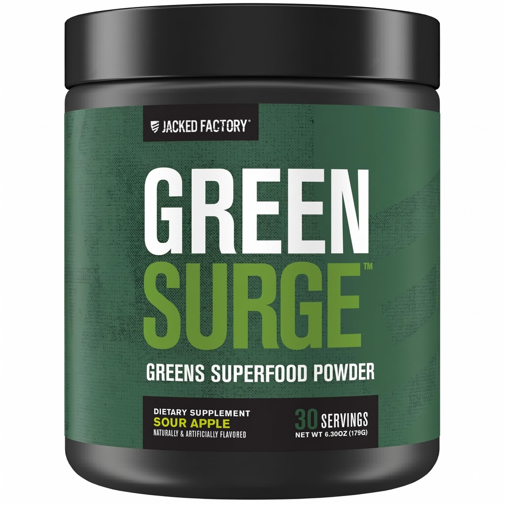 Jacked Factory Green Surge Green Superfood Powder - Keto Friendly Greens Drink w / Spirulina, Pszenica & Grass Barley, Zielone Zielone Zielone Zielone Zielone Zielony Ekstrakt Herbaciany, Probiotyki i Enzymy Digestive - Sour Apple