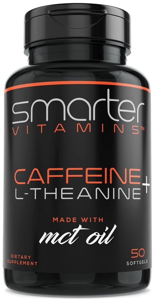SmarterVitamins 200mg Caffeine Pills - MCT Oil from 100% Coconuts + 100mg L-Theanine, Energy and Focus, Extended Release Capsule, 50 Liquid Softgels