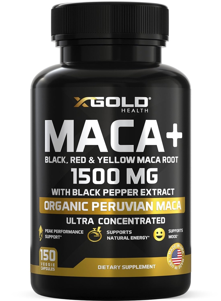 X Gold Health Organic Maca Root Powder Kapsułki 1500mg z czarny 124; Czerwony i żółty peruwiański Maca Root Extract Żelatynizowany, Energia & Mood Suplement dla mężczyzn i kobiet + czarny pieprz dla najlepszych korzyści