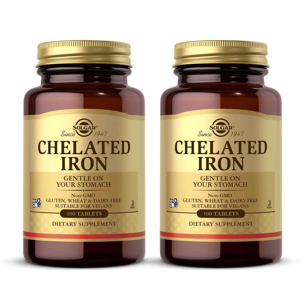 Solgar Chelated Żelazo - 100 Tabletki, Opakowanie 2 - Delikatnie na swoich żołądkach - Non- GMO, Wegan, Gluten Free, Bezmleczny, Koszerny - 200 Całość Sługi