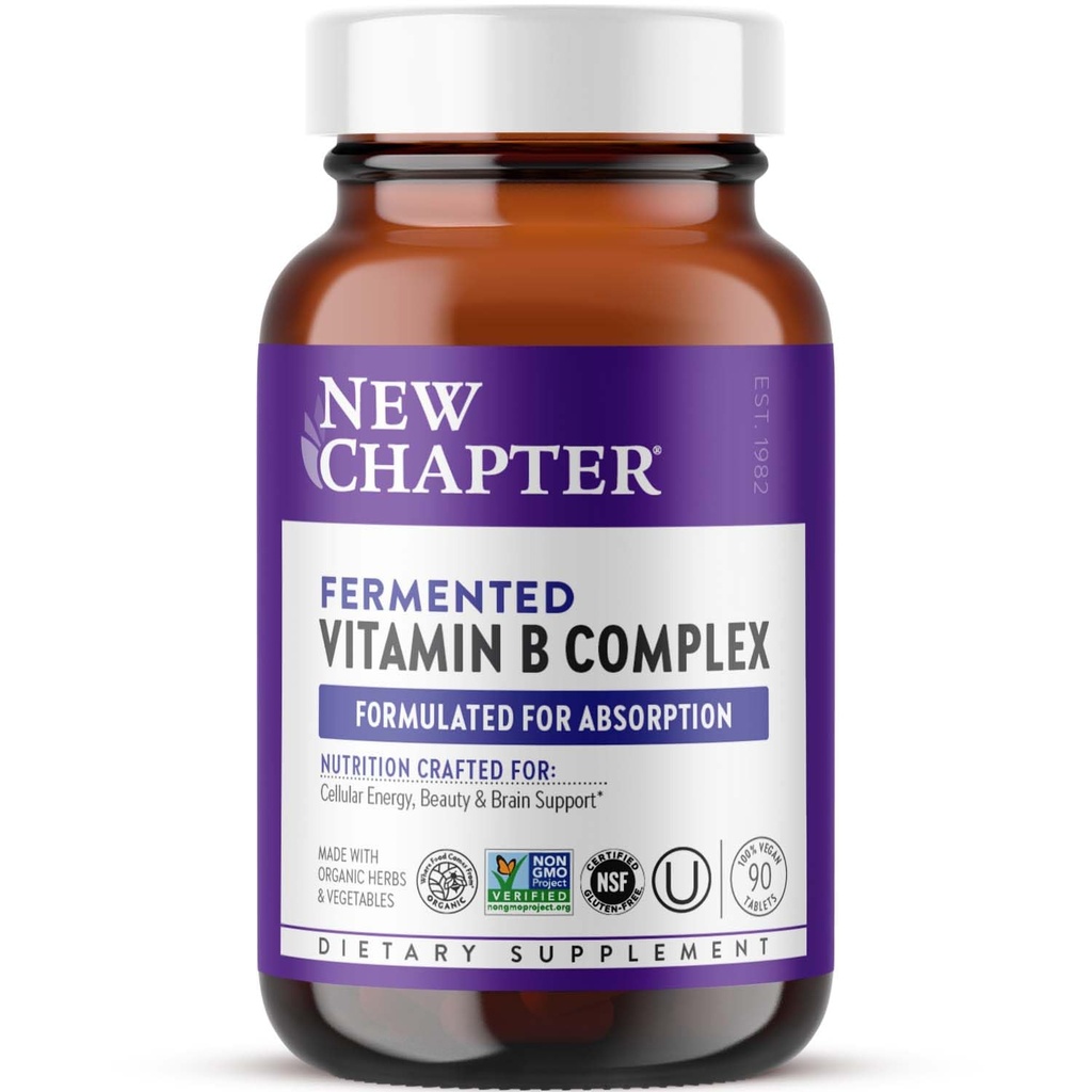Nowy rozdział Kompleks witaminy B, Fermentowany Kompleks witaminy B, USDA Organic, One Daily for Cellular Energy + Mózg + Piękno, 100% Wegan, Gluten- Free - 90 Count