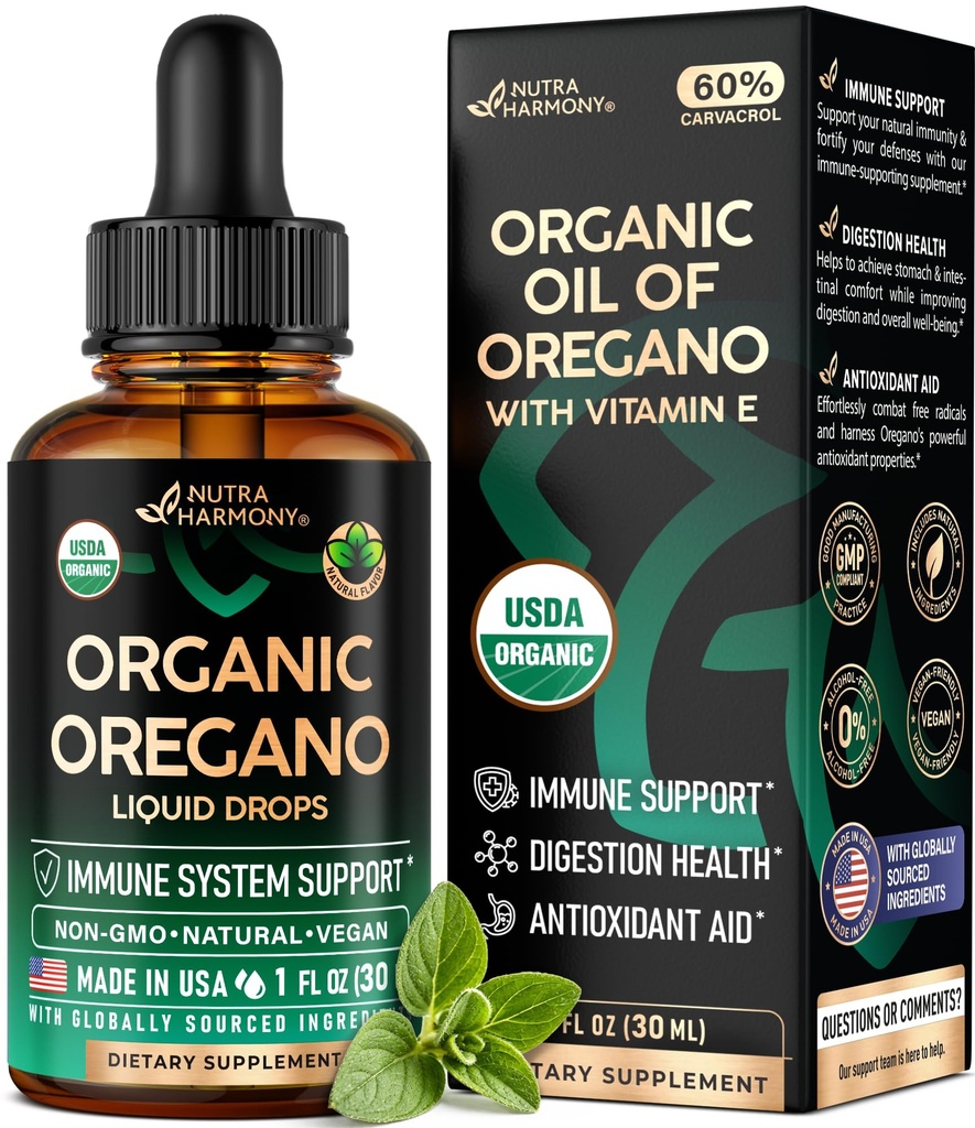 USDA Organic Oil of Oregano - Płynne krople z witaminą E - Made in USA - Suplement do wsparcia immunologicznego, Trawienia Zdrowie i Przeciwutleniacz - Non-GMO, Naturalny, Wegan - Jako pigułki, Kapsułki, Softgels 1 fl oz
