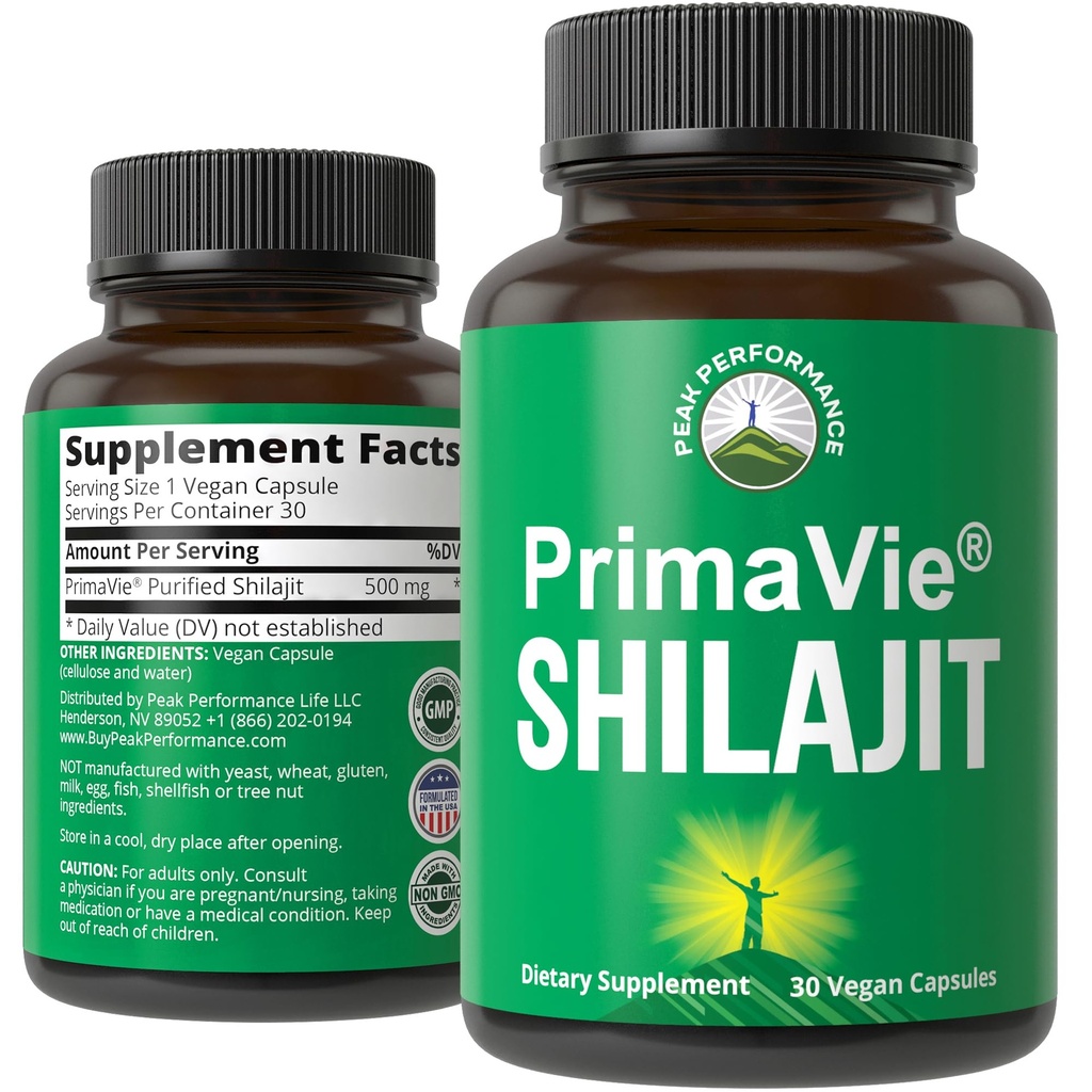 PrimaVie Oczyszczone Kapsułki Shilajit wykonane z czystego proszku Shilajit. Klinicznie Tested Natural Supplement z 40 + Ślady minerałów, kwas Fulvic. Tabletki Wsparcie Mitochondria + Funkcja mózgu
