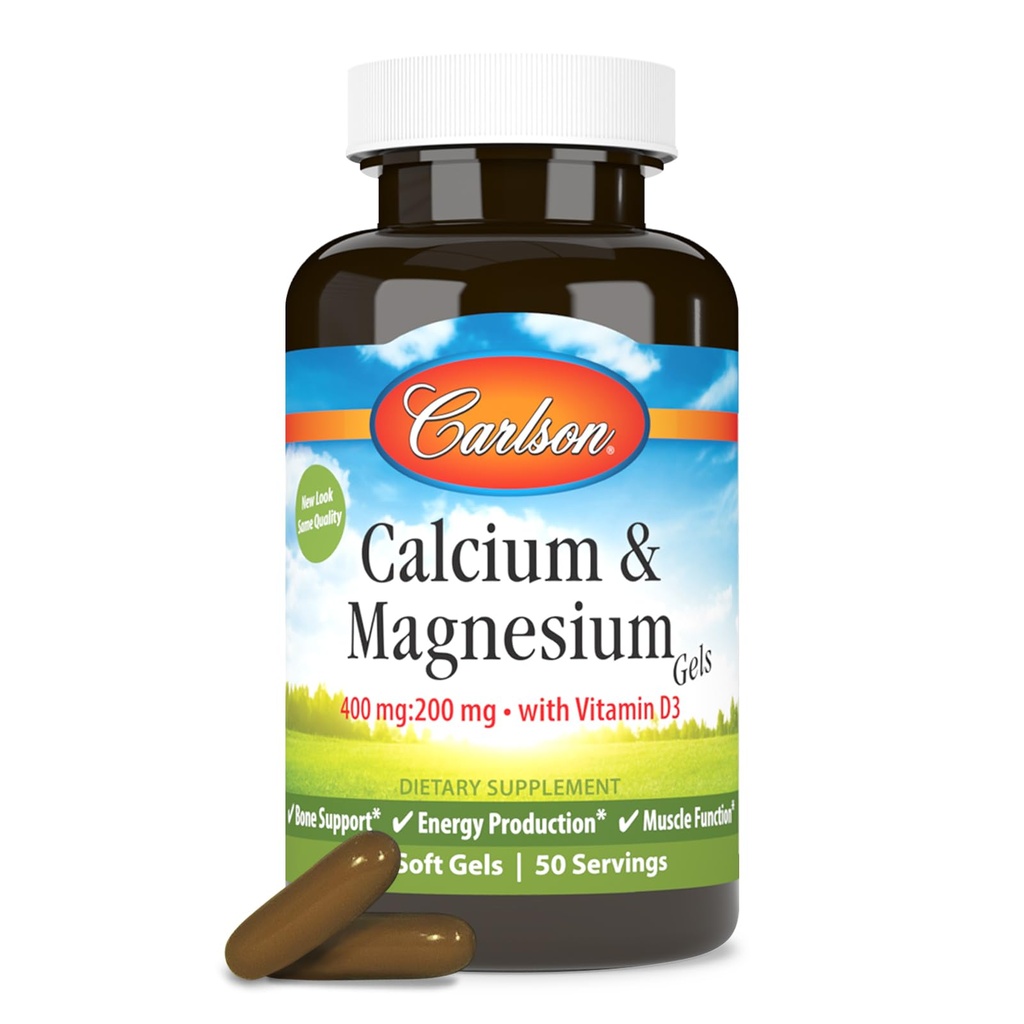 Carlson - Cal-Mag Gels, 2:1 Calcium to Magnesium Ratio, Bone Support, Energy Production, 100 Soft gels