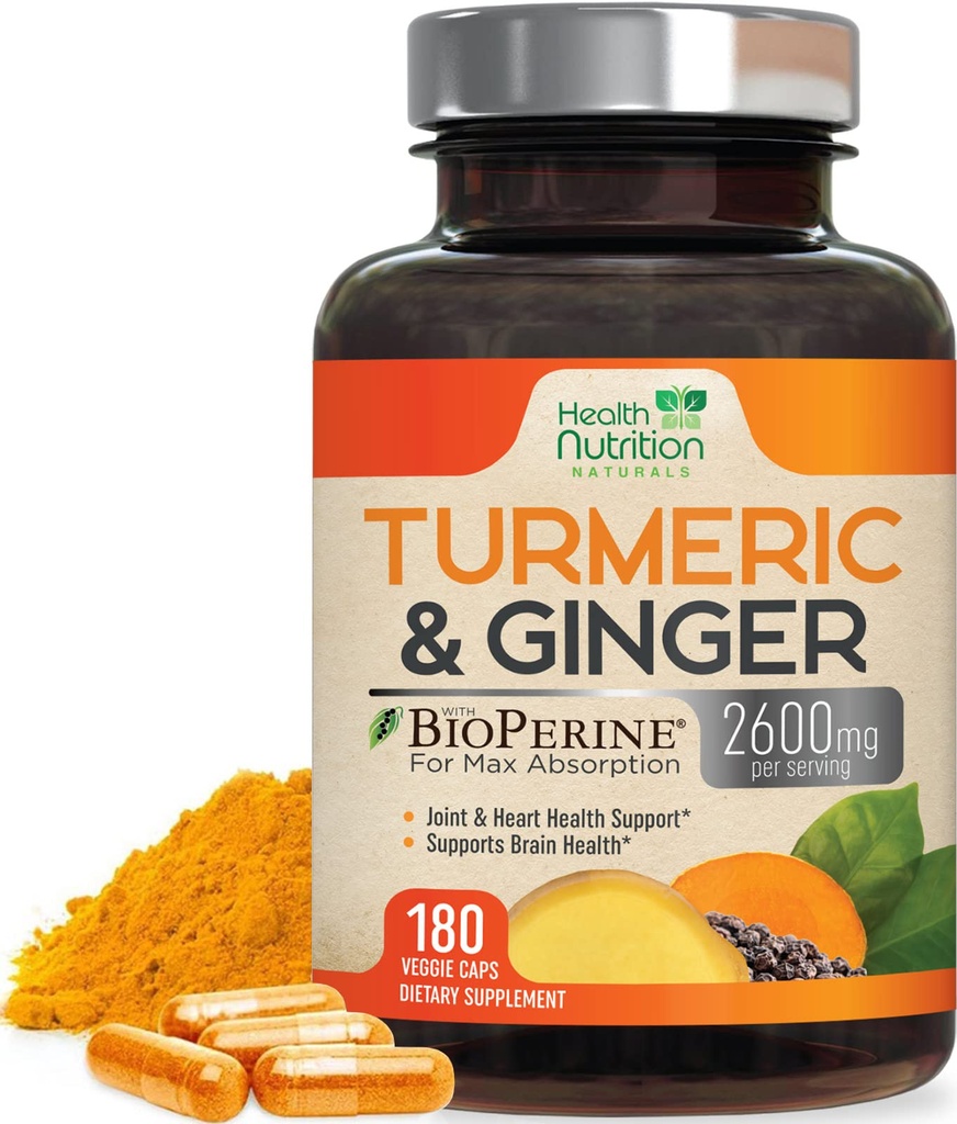 Kurkumina Turmeric Supplement 2600mg - z Organic Ginger & Turmeric, 95% Kurkuminoidy, BioPerine Black Pepper dla najlepszej absorpcji, Natural 's Vegan Joint Support, Non-GMO, Butelkowane w USA - 180 Kapsułki