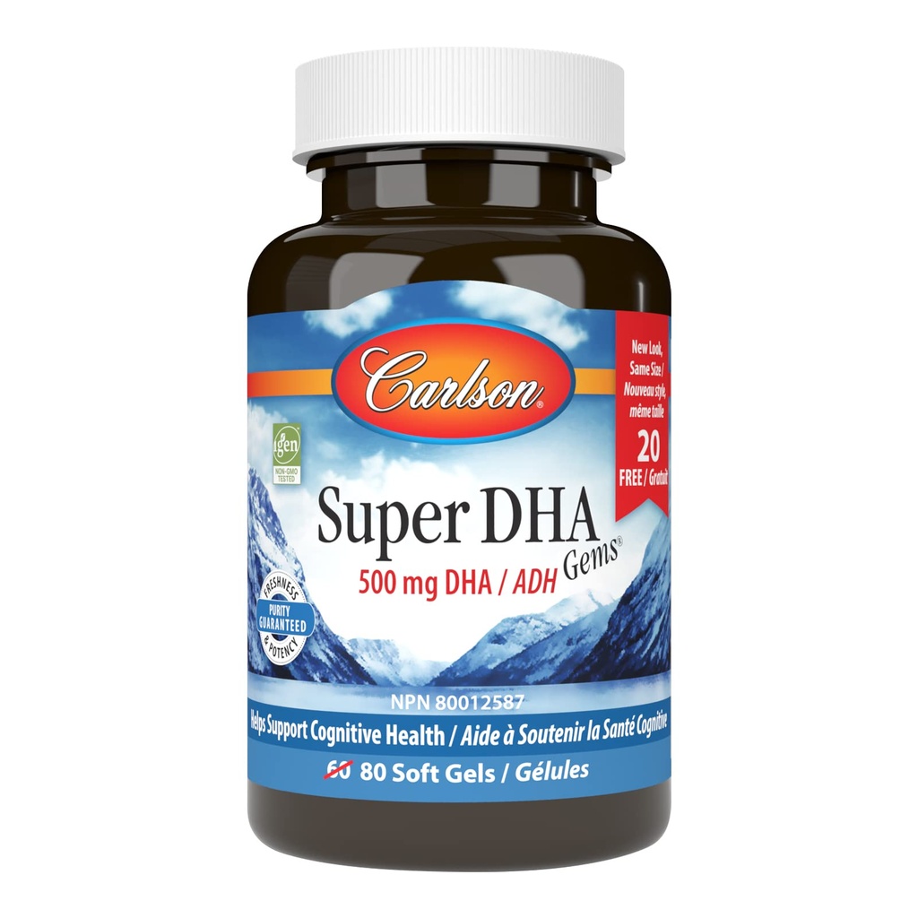 Carlson - Super DHA Gems, 500 mg Suplementy DHA, 640 mg Kwasy tłuszczowe, Wild- Caught Norweski Arctic Fish Oil Concentrat, zrównoważone sourced Nordic Fish Oil Capsules, 60 + 20 Softgels