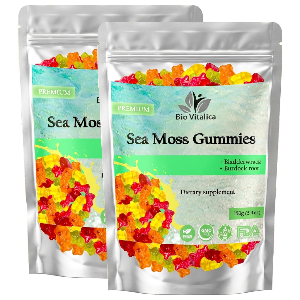BIO VITALICA Sea Moss Gummies - z Bladderwrack & Burdock Root - Wildcrafted Gel + Powder - Vegan, Keto, Non-GMO, Gluten- Free - Fruity Mineral- Rich Gummies - 50 Count (2 Pack)