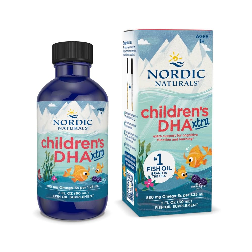 Nordic Naturals DHA Xtra, Berry Punch - 2 oz dla dzieci - 880 mg Total Omega- 3 z EPA & DHA - Cognitive & Immune Function, Nauka, Rozwój społeczny - Non-GMO - 48 Sługi
