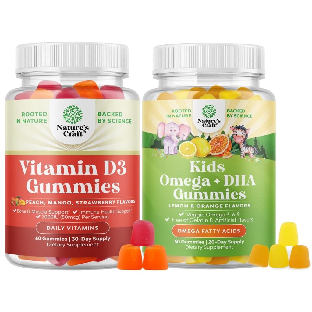 Zestaw Gummies witaminy D3 do codziennego Wellness z 2000IU na serwowanie mięśni kości i immunologicznego wsparcia i dzieci DHA Omega 3 Gummies - Kwasy tłuszczowe Omega 3 6 9 dla mózgu, odporności i wzroku