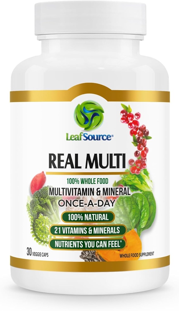 LEAFSOURCE Real Multi, Multivitamin Whole Food Supplement - 21 Vitamin & Minerals Made from Real Food. Vegan, Plant- based Nutrigents Made from Real Fruits Veggies & Whole Foods (30 vcap)