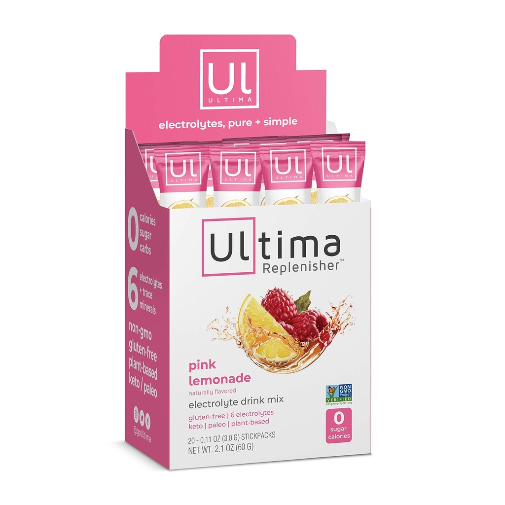 Ultima Replenisher Electrolyte Hydration Drink Mix, Pink Lemonade, 20 Serving Stickpack Box - Bez cukru, 0 Kalorii, 0 Węglowodorów - Bez glutenu, Keto, Non-GMO, Wegan