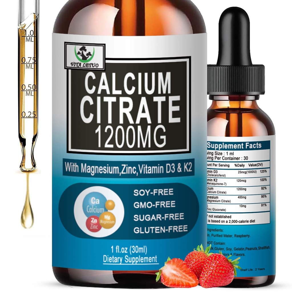 Suplement do cytrynianu wapnia, 1200mg wapnia z witaminą D3 Krople do kości, Zęby, Colon, Zdrowie układu sercowo-naczyniowego, Wysoka Absorpcja Ciecz Magnezu wapnia Cytrynian 400mg Plus Cynk Witamina K2, Wegan, 30 Służenie