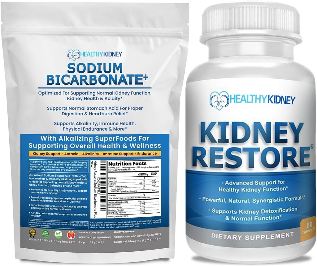 Nerki Restore Organiczny dwuwęglan sodu Suplement Alkalinowy 1LB Oczyścić 60 Czapki Bundle - Wspomaga Nerki Zdrowie, Neutralizuje Kwas żołądkowy, Alkaline Superfoods, Wsparcie immunologiczne, Antacid i witaminy f