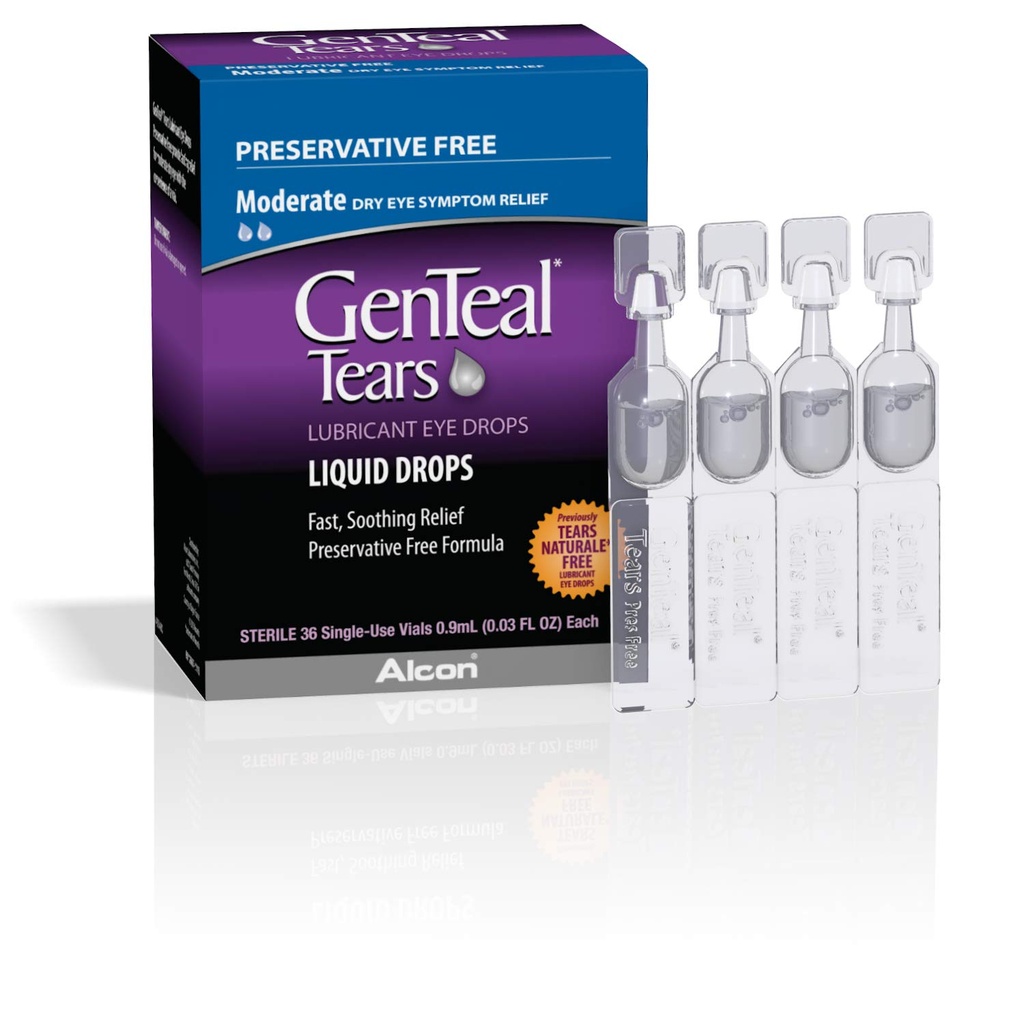 Genteal Tears Lubricant Eye Drops, umiarkowane płynne krople, Pojedyncze fiolki, 1 opakowanie po 36 ct, 0,03 Fl Oz