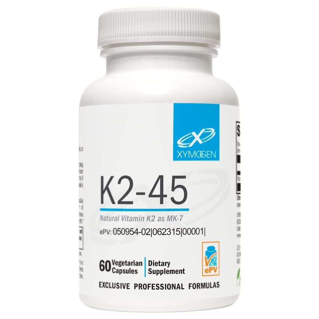 XYMOGEN K2- 45 Witamina K - Witamina K2 MK- 7 Wydzielona z soi niezmodyfikowanej genetycznie - Najbardziej Biodostępna postać K2 Dostępna - Wspiera kardiologię + zdrowie kości (60 kapsułek)