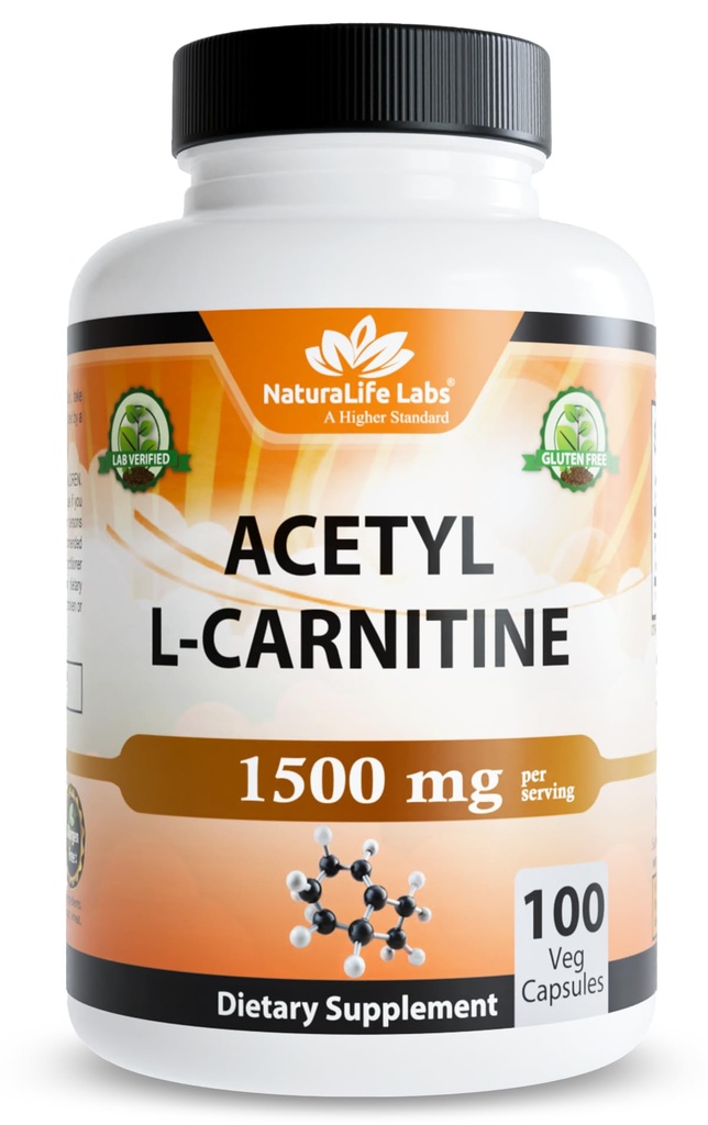 NaturaLife Labs Acetyl L- Carnitine (ALCAR) 1500 mg na jedną porcję - 100 kapsułek - Non-GMO, Gluten- Free, Vegan