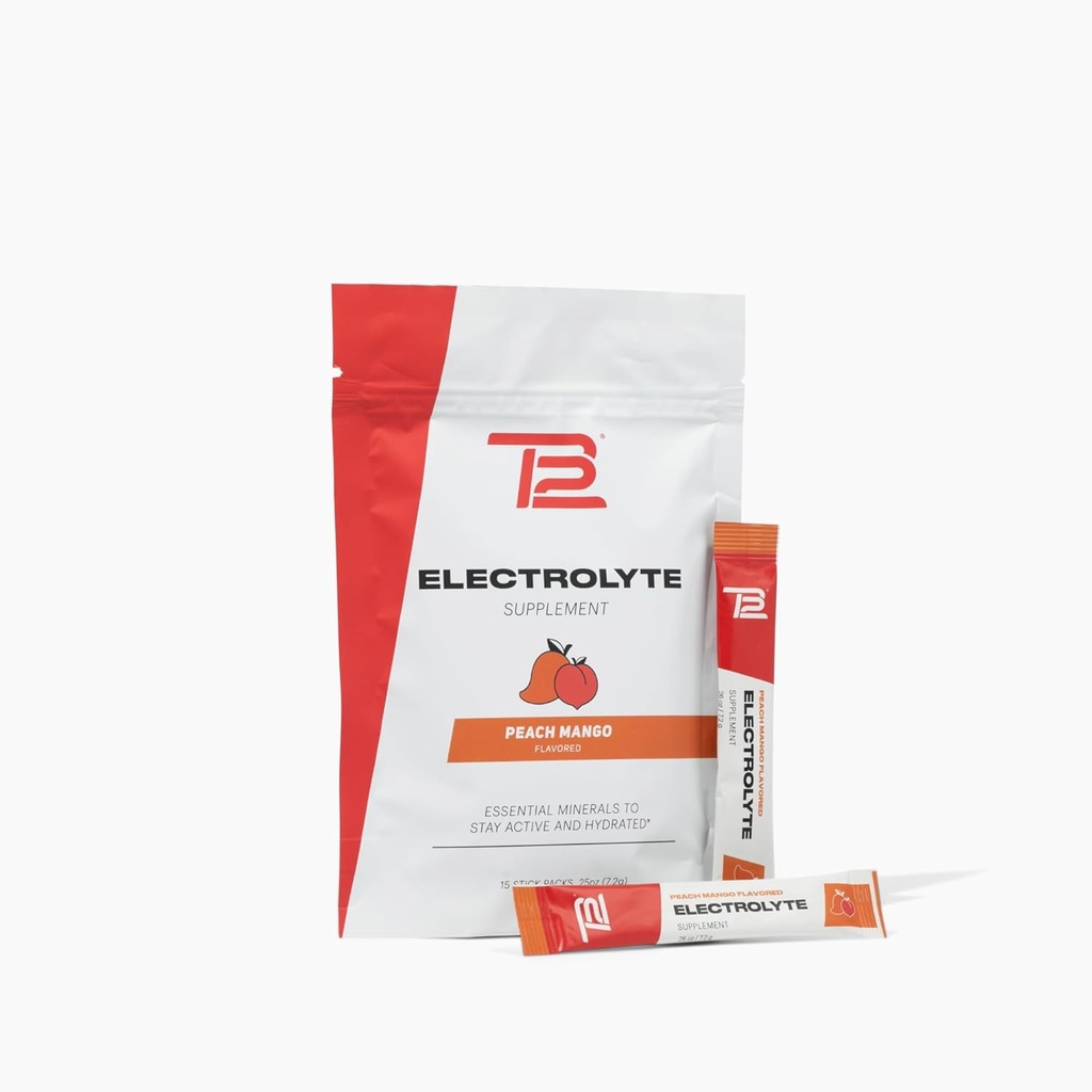 TB12 Elektrolity w proszku Pakiety brzoskwiniowe Mango - Mineralnie bogaty proszek elektrolitowy do szybkiego nawadniania Tom Brady - Naturalny, niski cukier, Wegan, Gluten- Free, Łatwy do wymieszania - 15 Stickpack
