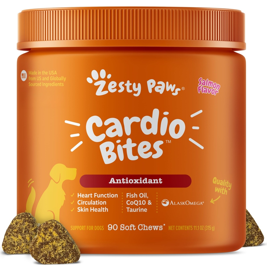 Zesty Łapy Kardiologiczne Wsparcie dla psów - Tauryna dla psów - z CoQ10, L Carnitine & Sea Buckthorn - Senior Heart Health - AlaskOmega Fish Omega 3 - Senior - Salmon - 90 Count