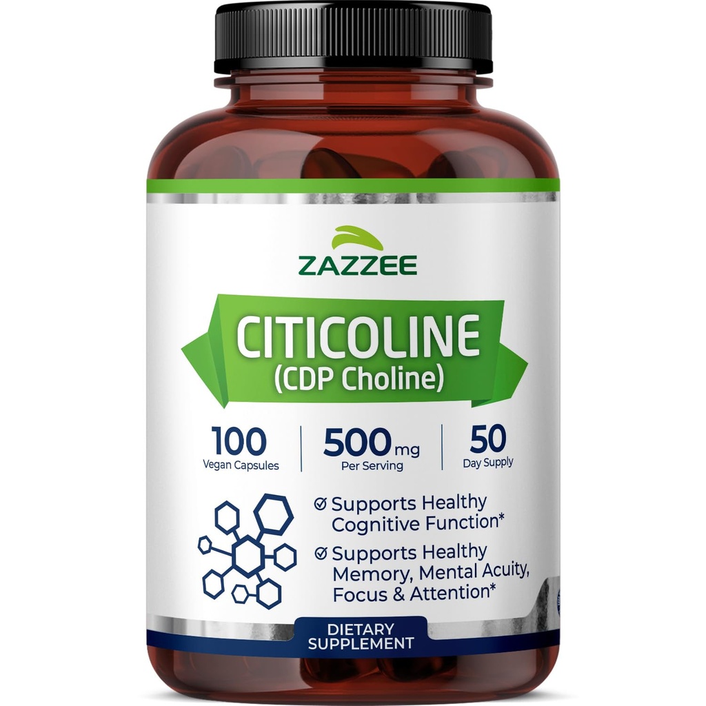 Zazzee Ekstra Siła Citicolina, 500 mg na Serving, 100 Kapsułki wegańskie, Superior CDP Choline Form, 100% Wegetariański i farmaceutyczny, 50- Day Supply, All- Natural i Non-GMO