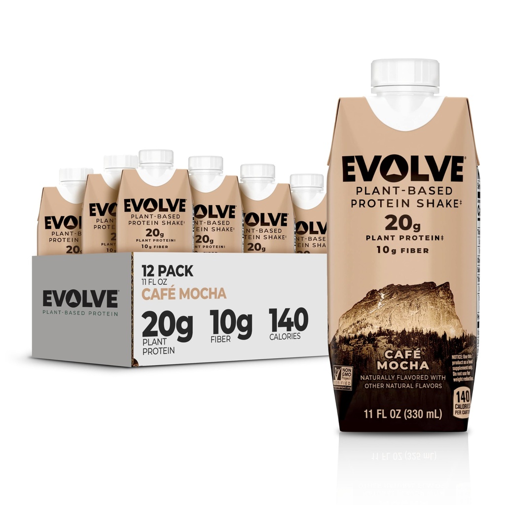 Evoluve Plant Based Protein Shake, Café Mocha, 20g Vegan Protein, Dairy Free, No Fative Sweeteners, Non-GMO, 10g Fiber, 11oz, (12 Pack) (Formula May Vary)