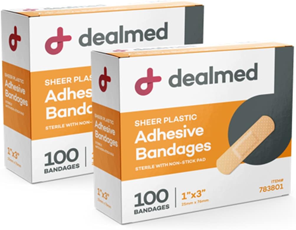 Dealmed Sheer plastikowe elastyczne opatrunki adhezyjne - 100 Count (2 Pack) Bandaże z Non-Stick Pad, Latex Free, Opieka nad ranami dla pierwszego zestawu pomocy, 1 "x 3"