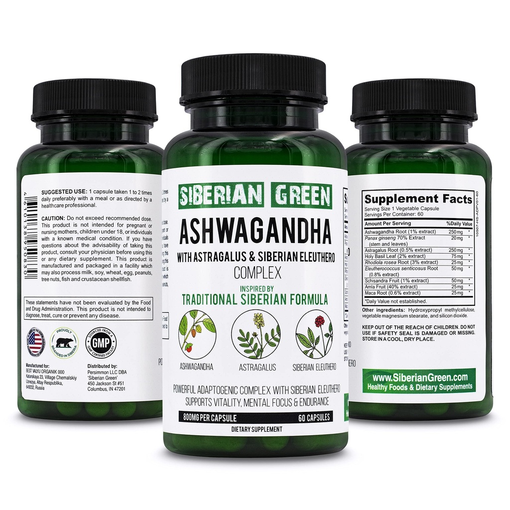Syberyjski zielony organiczny Ashwagandha Korzeń z Astragalus & Syberyjski Eleuthero Ginseng Complex 60 Kapsułki Potężne wsparcie ziołowe