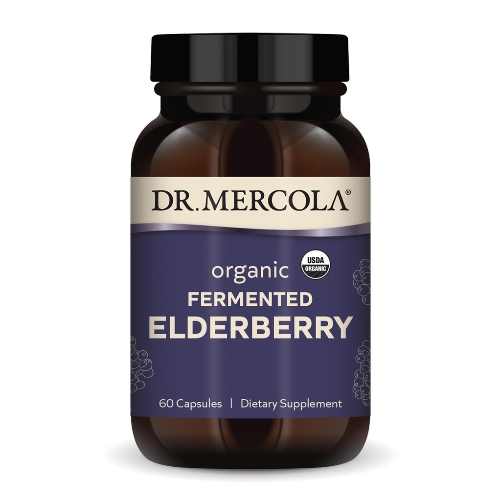 Dr Mercola Organic Fermented Elderberry, 30 Służenia (60 Kapsułki), Suplement diety, Wspiera zdrowie oddechowe, Nie-GMO, Certyfikowany USDA Organic