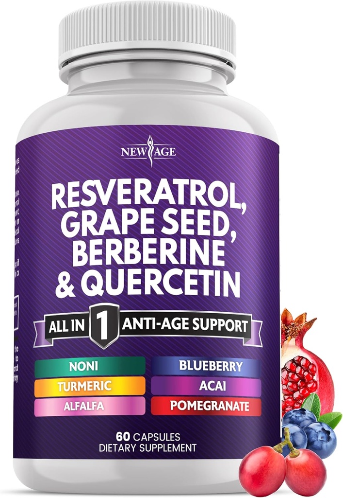 New AGE Resveratrol, Berberine, Grape Seed Extract, Quercetin - suplement polifenolu dla kobiet i mężczyzn z Noni Extract, N- Acetyl Cysteine, Acai Extract - 60 kapsułki