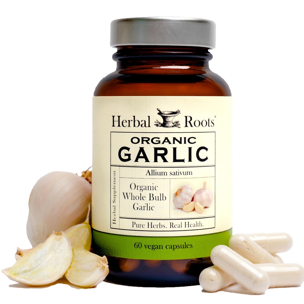 Ziołowe Roots Organic Whole Bulb Czosnek pigułki - Pothent Extra Siła 124; 600 mg - 60 Organic Vegan kapsułki