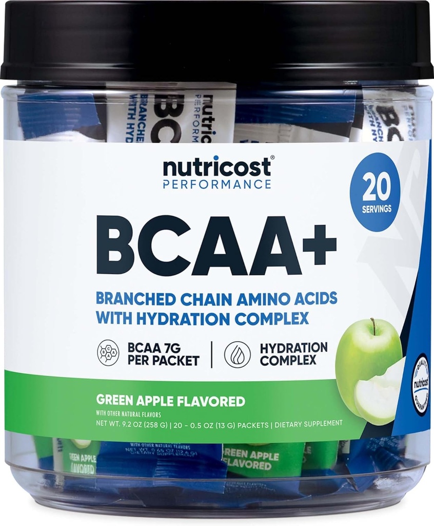 Nutricost BCAA + Nawodnienie Zielone Jabłko Flavored (20 Stickpack) - Acidy rozgałęzione Acids Chain with Hydration Complex - Gluten- Free, Non-GMO