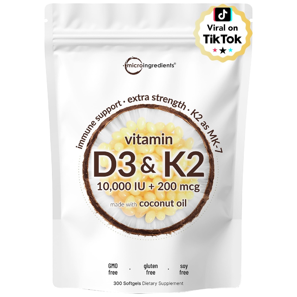 Micro Składniki Witamina D3 10 000 IU + K2 MK- 7 200 mcg, 300 Softgels z Virgin Coconut Oil 124; 2- in-1 Witaminy D & K Complex 124; Dodatkowa siła, Łatwa do połykania, Non-GMO, Gluten Free