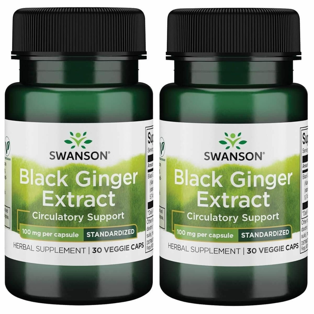 Ekstrakt Swanson Black Ginger - Promotes Healthy Blood Circulation and Physical Vigor - May Aid Heart Health, Muscle Tissue, and Mental Wellbeing - (30 Veggie kapsułki, 100 mg każdy) (2 opakowania)